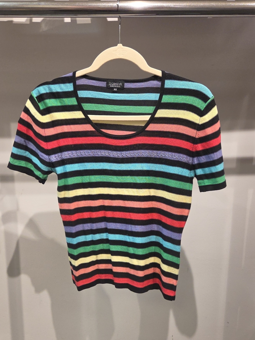 Sonia Rykiel Black Multi Rainbow Stripe Short Sleeve Knit Top